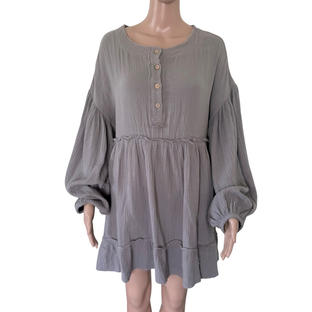 Promesa Gauze Cotton Babydoll Tunic Mini Dress Oversized Boho L Gray Ren Faire